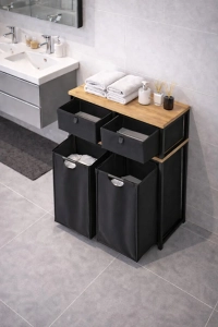 Metal Kızaklı Çamaşır Sepeti 2 Adet Saklama Kutulu